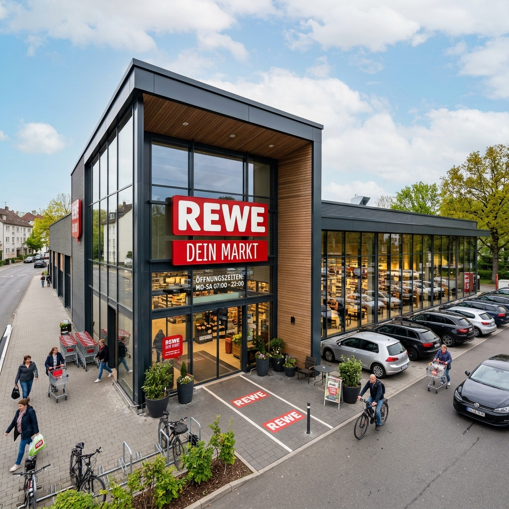 Modern REWE grocery store facade